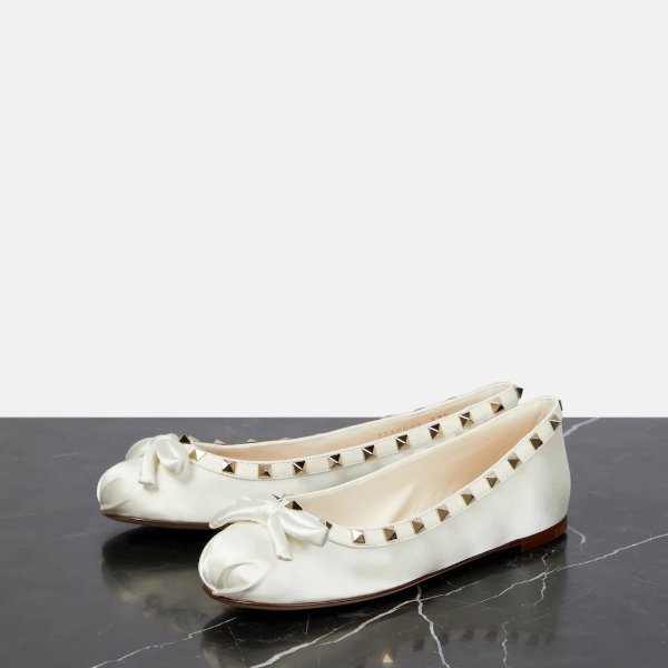 Rockstud satin and leather ballet flats