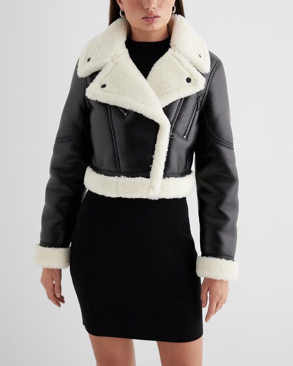 Faux Leather Sherpa Lined Cropped Moto Jacket