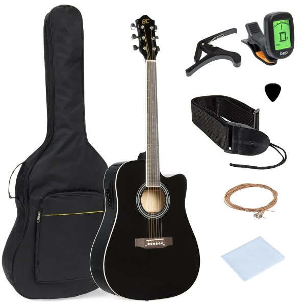 41in Full Size Acoustic Electric Cutaway Guitar Set w/ Capo, E-Tuner, Bag