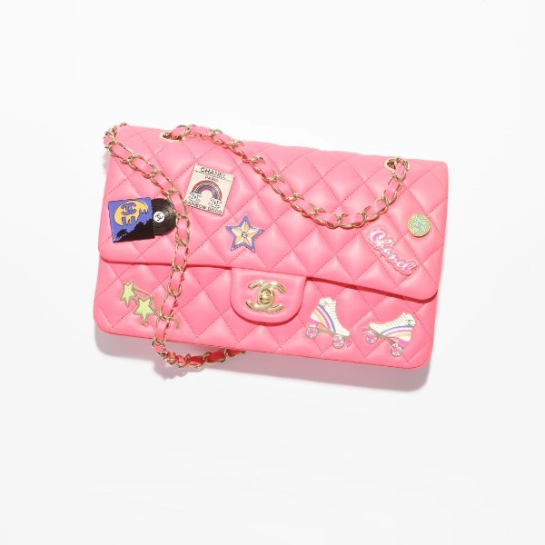 Classic handbag, Lambskin, enamel & gold-tone metal, coral pink — Fashion | CHANEL