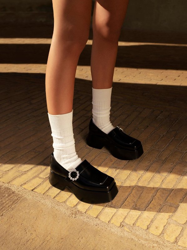 Gem-Embellished Chunky Platform Loafers - Black