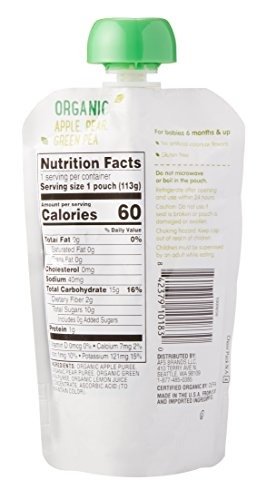 Amazon Brand - Mama Bear Organic Baby Food, Stage 2, Apple Pear Green Pea, 4 Ounce Pouch (Pack of 12)