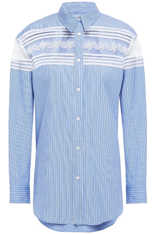 Chira embroidered tulle-paneled striped cotton-poplin shirt