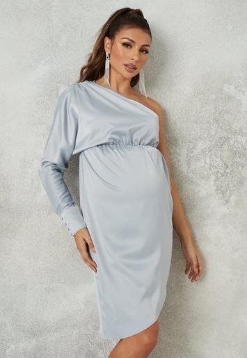 - Gray Gathered Satin One Shoulder Maternity Dress