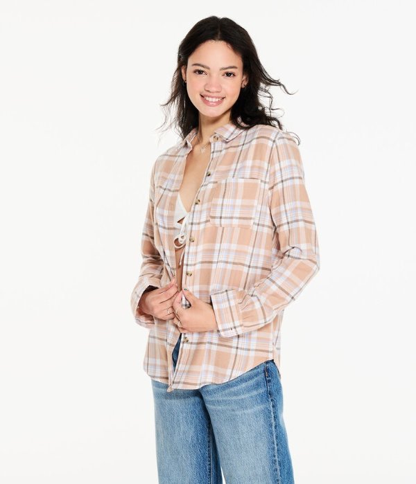 Long Sleeve Oversized Plaid Flannel Button-Down Shirt