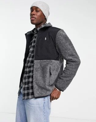icon logo borg color block full zip sweatshirt in charcoal heather/black