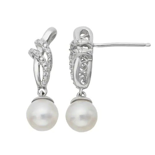 Sterling Silver Freshwater Cultured Pearl & Diamond Accent Drop Earrings