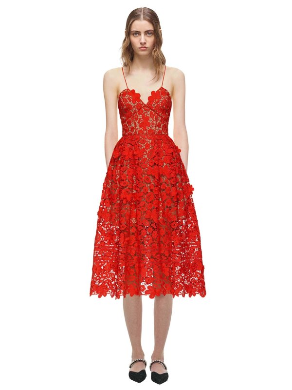 3D Floral Lace Midi Dress in Tomato Red