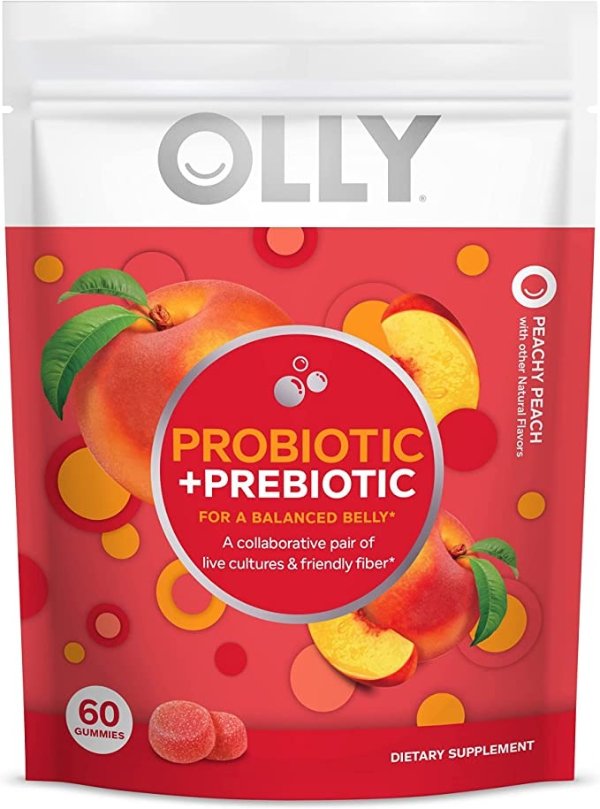 Probiotic + Prebiotic Gummy, Digestive Support and Gut Health, 500 Million CFUs, Fiber, Adult Chewable Supplement, Peach, 60 Day Supply - 60 Count Pouch