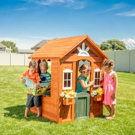 Bellevue Kids Wooden Playhouse with Fun Colored Working Front Door, White Trim Windows, and Flower Pot Holders
