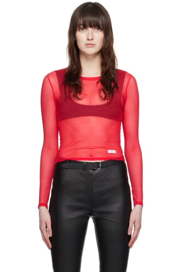 Red Semi-Sheer Long Sleeve T-Shirt