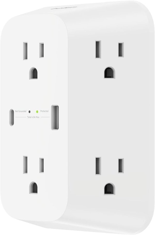 6-Outlet Surge Protector Power Strip, Wall-Mountable with 6 AC Outlets, Overvoltage Protection, LED Indicator - USB-C Port & USB-A Port w/USB-C PD Fast Charging - 1680 Joules of Protection