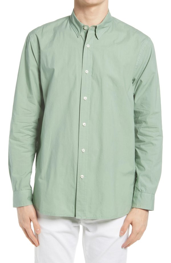 Tea Dye Cotton Poplin Long Sleeve Button-Down Shirt