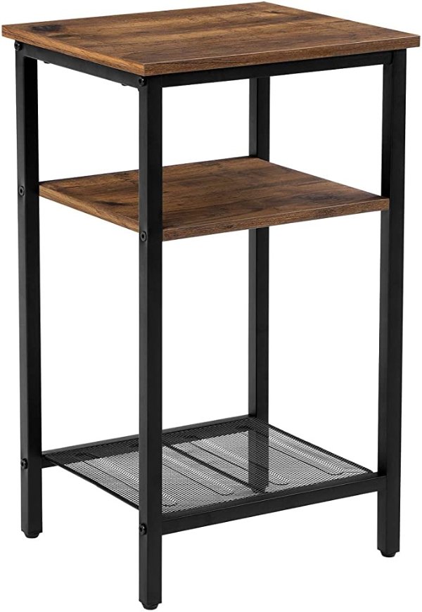 VASAGLE INDESTIC End Table, Telephone Table with 3 Shelves, Side Table and Nightstand, Steel Frame, Living Room Bedroom, Easy Assembly, Chestnut Brown and Black ULET201B07