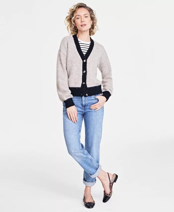 Women's V-Neck Contrast-Edge Long-Sleeve Cardigan, Created for Macy's