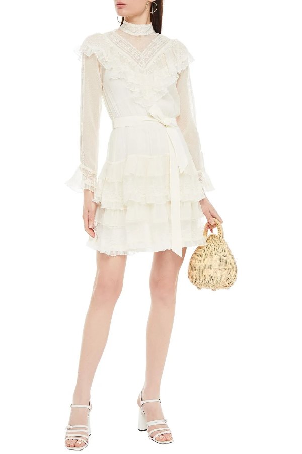 Glassy tiered lace, flocked tulle and Swiss-dot silk-georgette mini dress