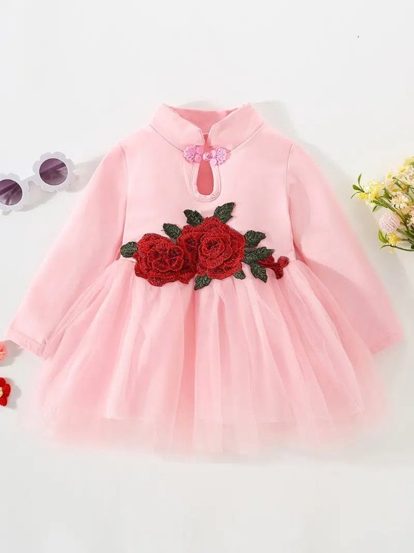 Baby Girls Cute Chinese Style Patchwork Mesh Dress With Flower Embroidery, Mandarin Collar Elegant Dress For Chinese New Year Party Hanfu - Clothing, Shoes & Jewelry - Temu