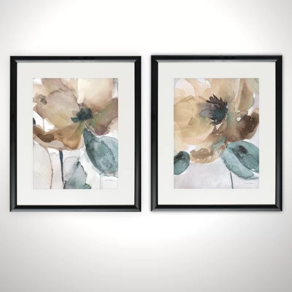 'Watercolor Poppy' - 2 Piece Picture Frame Graphic Art Print Set 