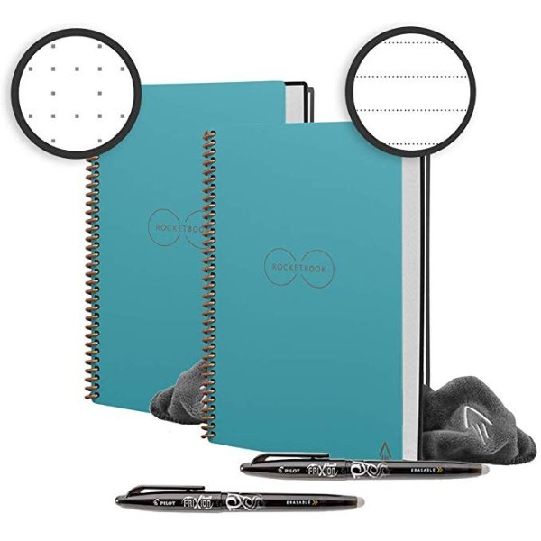 Holiday Bundle - 2 Smart Reusable Notebook Set with 1 Lined & 1 Dot Grid Notebook, 2 Pilot Frixion Pens & 2 Microfiber Cloths - Neptune Teal Cover, Executive Size (6" x 8.8")