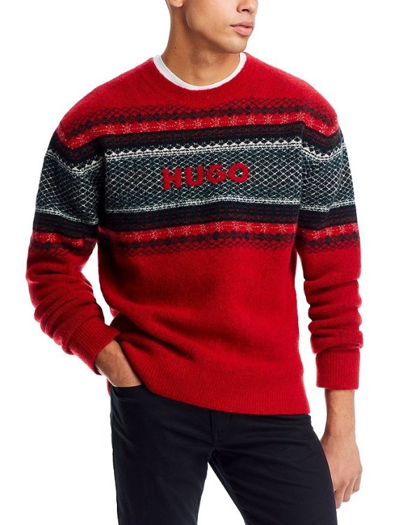 Soslo Patterned Long Sleeve Crewneck Logo Sweater