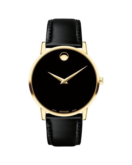 Men's 40mm Ultra Slim PVD Watch with Black Leather Strap & Museum Dial