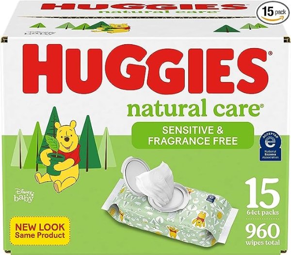 Sensitive Baby Wipes, Huggies Natural Care Baby Diaper Wipes, Unscented, Hypoallergenic, 99% Purified Water, 15 Flip-Top Packs (960 Wipes Total)