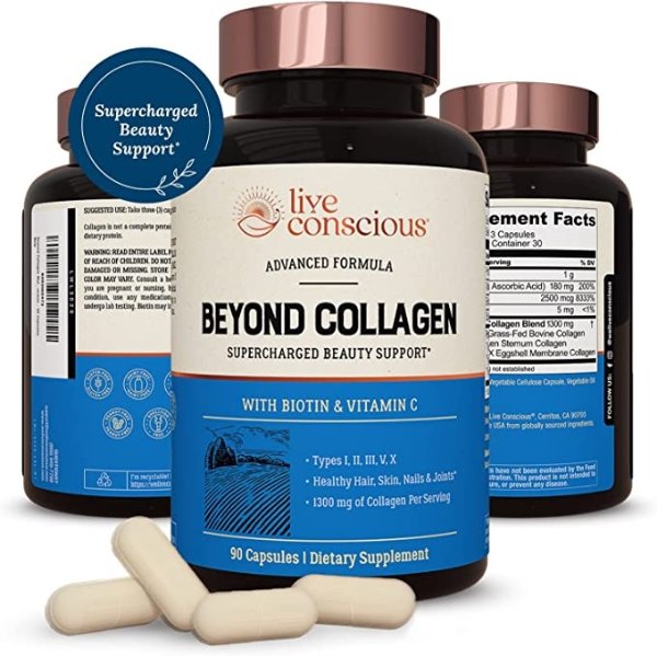 Live Conscious Beyond Collagen Multi Collagen Capsules - Types I, II, III, V & X | Hydrolyzed Blend with Biotin & Vitamin C for Hair, Skin, Nails 90 Capsules