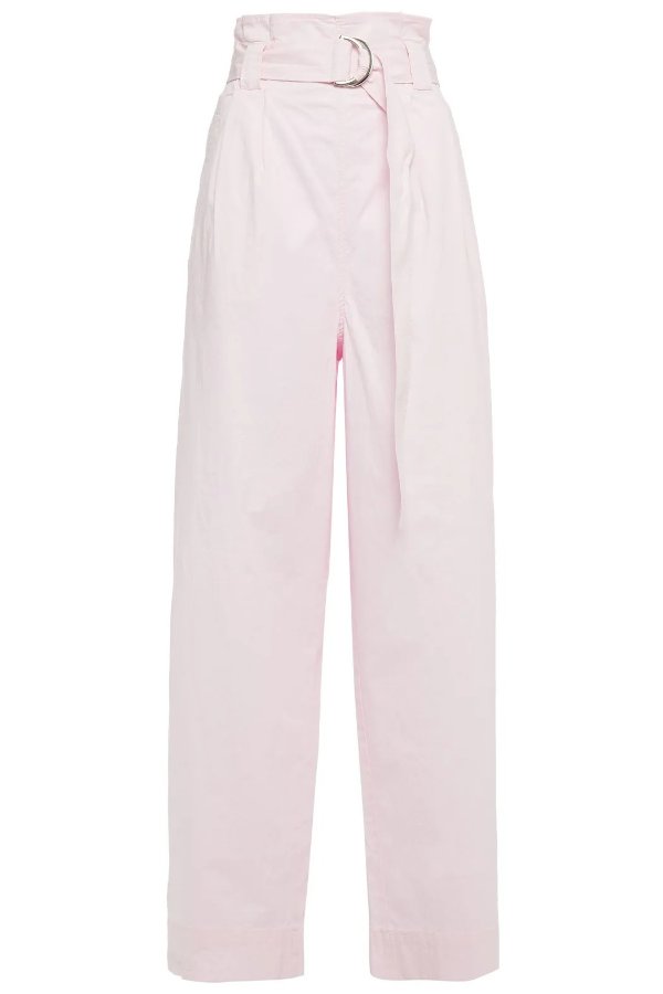 Belted pleated textured cotton-blend wide-leg pants