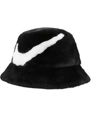 Swoosh faux fur bucket hat in black