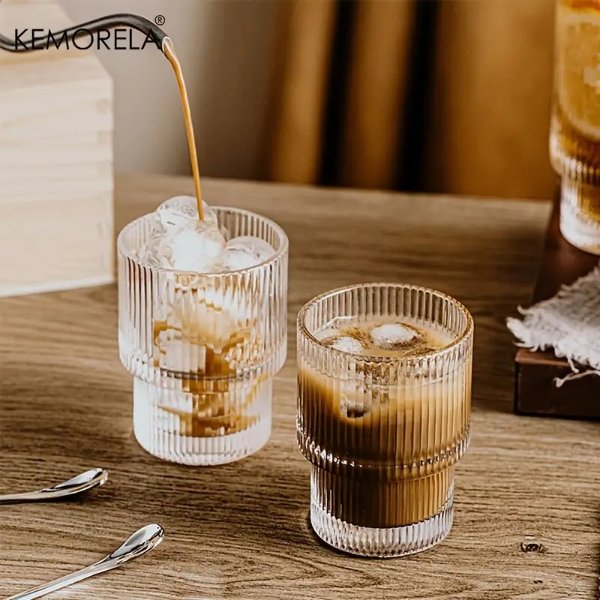 4pcs 6.09/11.16oz (180/330ml), Stackable Ribbed Glassware Glass Cups Set