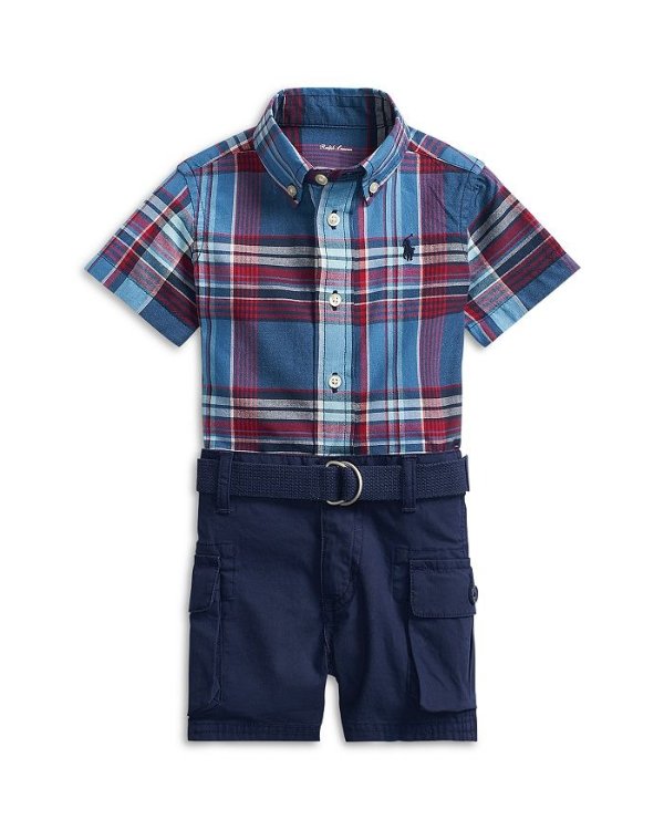 Boys' Madras Shirt, Cargo Shorts & Belt Set - Baby
