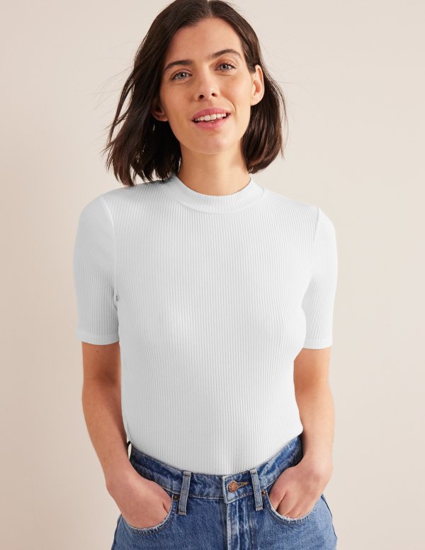 High Neck Ribbed Top - White | Boden US