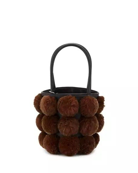 Roxy Cage Mini Bucket Bag w/ Shearling Pompoms