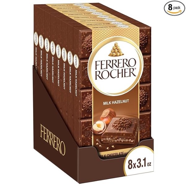 Ferrero Rocher Premium Chocolate Bars, Milk Chocolate Hazelnut , 3.1 oz each, 8 Pack