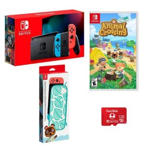 Nintendo Switch with Neon Blue/Red JoyCons W/Animal Crossing, Case & Memory Card