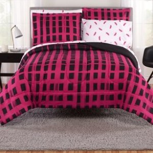 Walmart Mainstays Ombre Plaid Fuchsia Bed in a Bag Bedding Set, Multiple Sizes