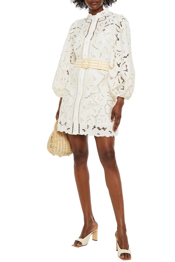 Empire belted broderie anglaise linen and cotton-blend mini dress