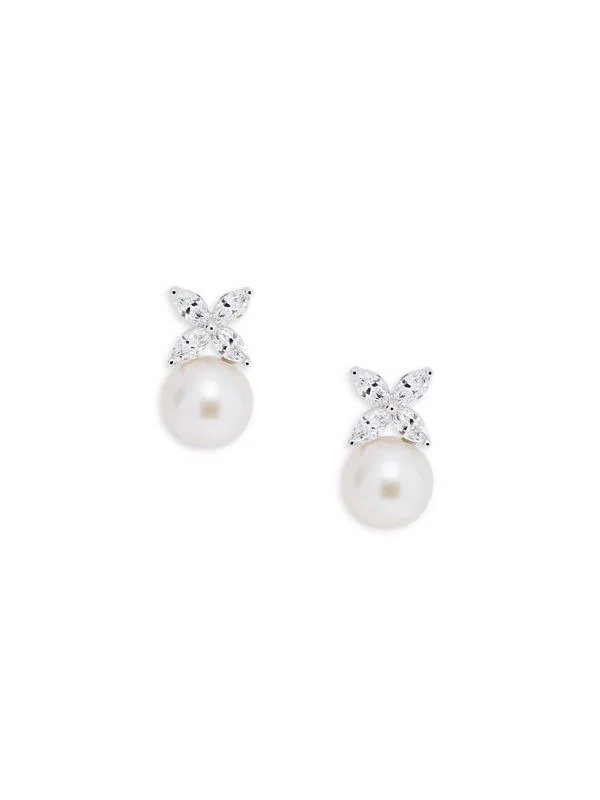 14K White Gold, 6MM Round Freshwater Pearl & Lab Grown Diamond Stud Earrings
