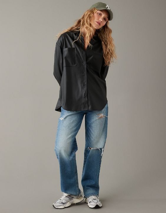 AE Oversized Vegan Leather Button-Up Shirt