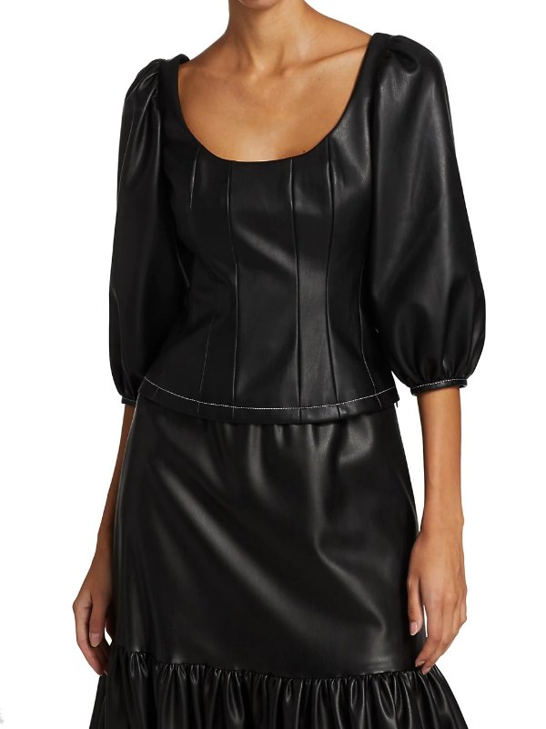 Swells Faux Leather Puff-Sleeve Top
