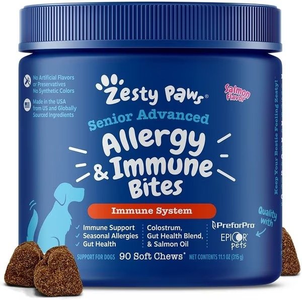 Zesty Paws Advanced Allergy & Immune Bites Salmon Flavored Soft Chews Allergies, Immune, & Skin Support Supplement for Senior Dogs