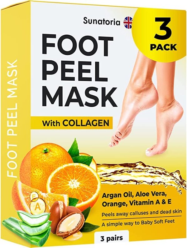 Foot Peel Mask - Dermatologically Tested - 3 Pack (Pairs) Exfoliating Foot Mask - Makes Feet Baby Soft by Peeling away Calluses & Dead Skin Remover by SUNATORIA - Updated Formula (Orange)