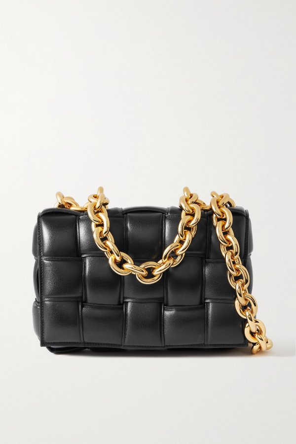 Cassette chain-embellished padded intrecciato leather shoulder bag