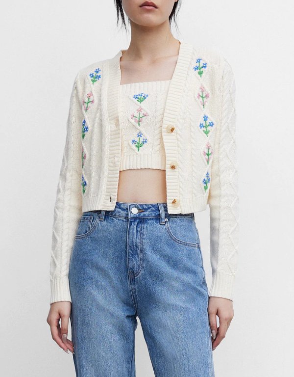 Floral Embroidery Cable Knit Cardigan