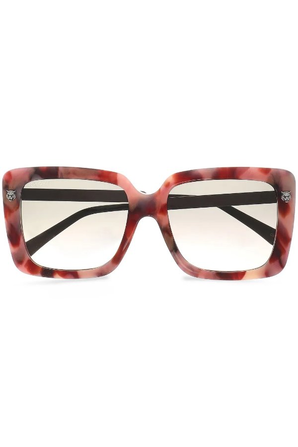 Square-frame marbled acetate and burnished silver-tone sunglasses