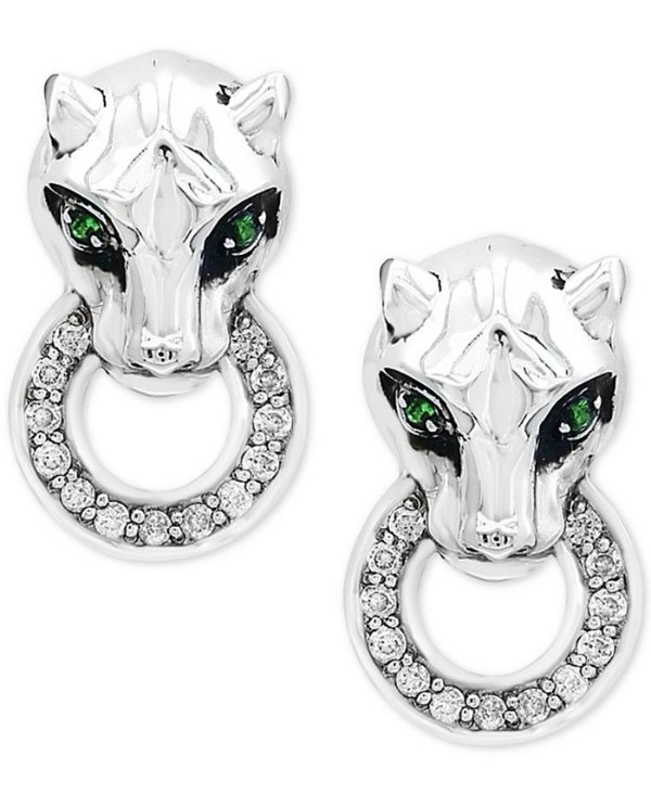 Signature by EFFY® Diamond (1/8 ct. t.w.) & Tsavorite Accent Panther Door Knocker Drop Earrings in Sterling Silver