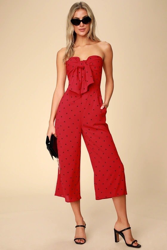 Nectar Red Print Strapless Tie-Front Jumpsuit