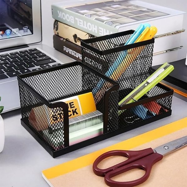 Mesh Pen Holder Desk Organizers Pencil Holder for Desk Black, 3 Compartments Metal Office Supply Organizer with Sticky Notes Holder for School Home Office