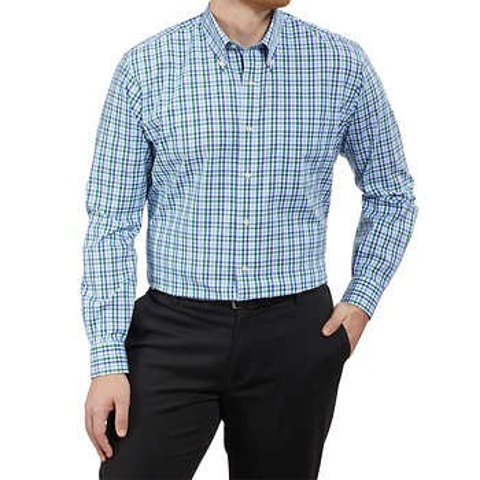 Kirkland Signature Men's Traditional Fit Button Down Shirt White Blue Plaid Vary