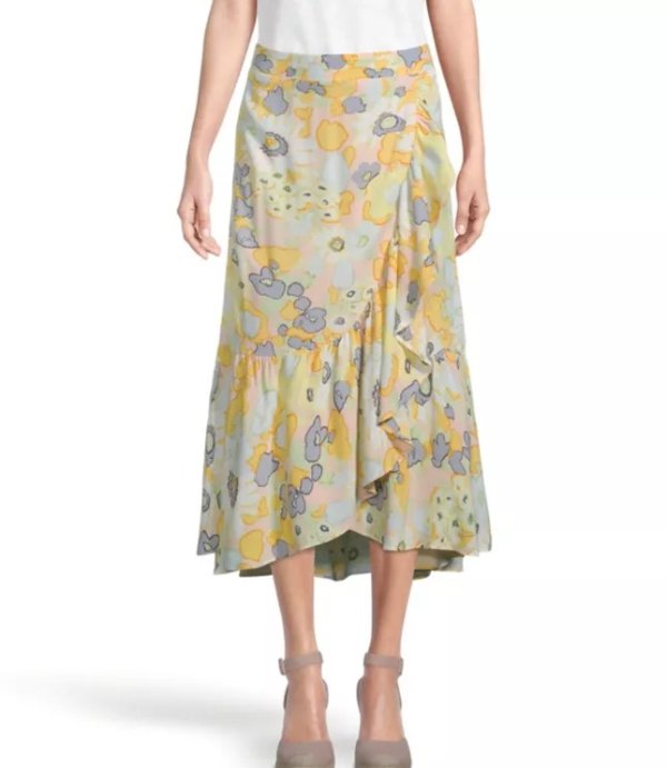 Floral Ruffle Wrap Midi Skirt